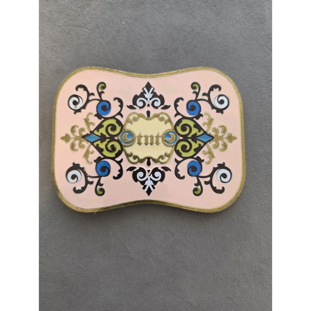 Inlaid Enamel Brass Belt Buckle‎ W Logo TNT  Hearts Scrolls Design Rare Vintage